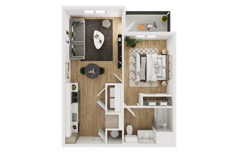 Floor plan for 1 bed, 1 bath, 611 sqft